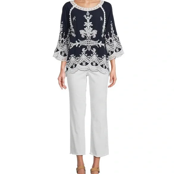 NWT Leo and Nicole Woven Embroidered Scalloped Lace Trim Blouse Size 2X - Picture 9 of 9